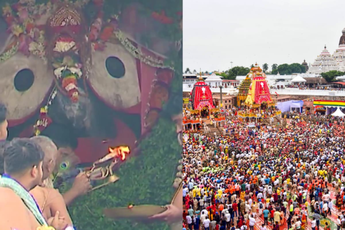 rath-yatra-2025:-aarti-of-lord-jagannath-performed-as-chariot-pulling-resumes-on-day-2-|-watch