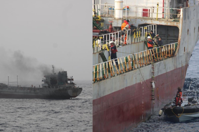 oil-vessel-with-14-indian-crew-catches-fire-in-gulf-of-oman,-ins-tabar-leads-rescue-ops