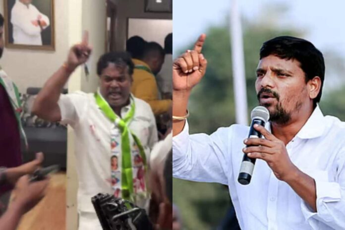 mlc-teenmar-mallanna’s-gunman-fires-in-air-as-telangana-jagriti-activists-vandalise-office