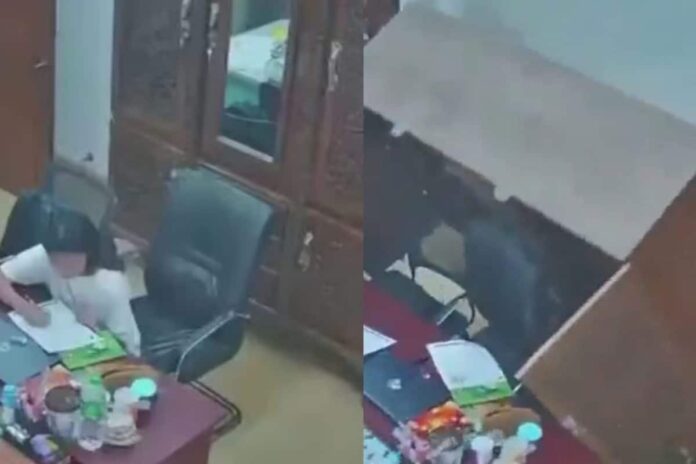 woman-ducks-under-desk-as-6.2-earthquake-rattles-turkish-office,-cupboard-collapses-|-watch